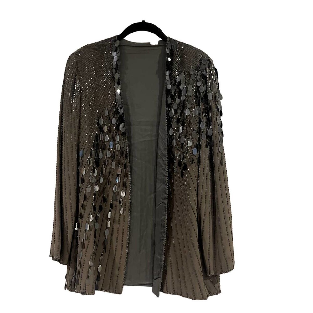 pewter‎ 100% silk beaded  jacket M